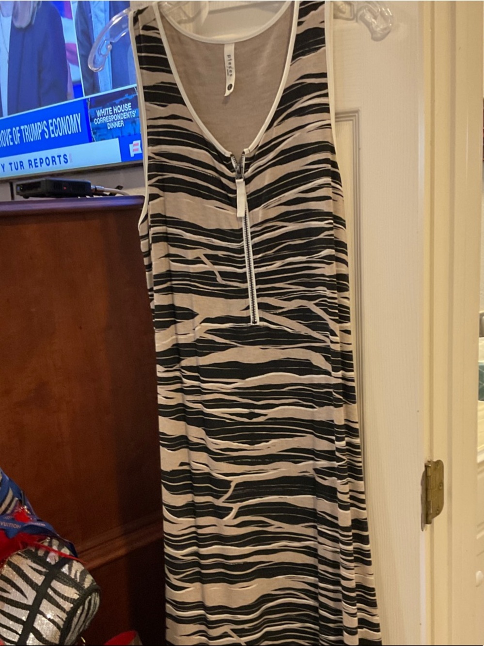 Sleeveless Zebra Stripe Maxi Dress with Front Zip - Black & Cream